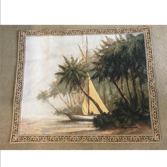 Wall hanging Tapestry PALM TREES Weavers Inc Nautical Scene wall art 40” by 34” - Picture 6 of 16